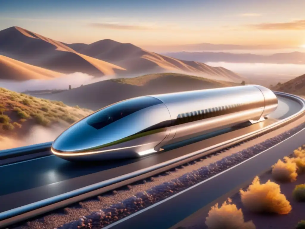 Un futurista Hyperloop deslizándose por pistas de transporte de alta velocidad al atardecer