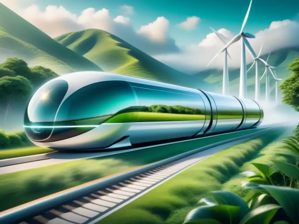 Futurista Hyperloop sostenible reduce huella carbono en paisaje verde con energía renovable