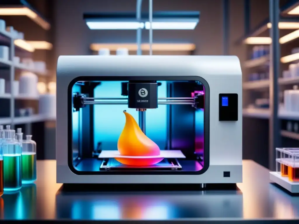 Futurista impresora 3D en laboratorio farmacéutico con prototipos y líquidos coloridos