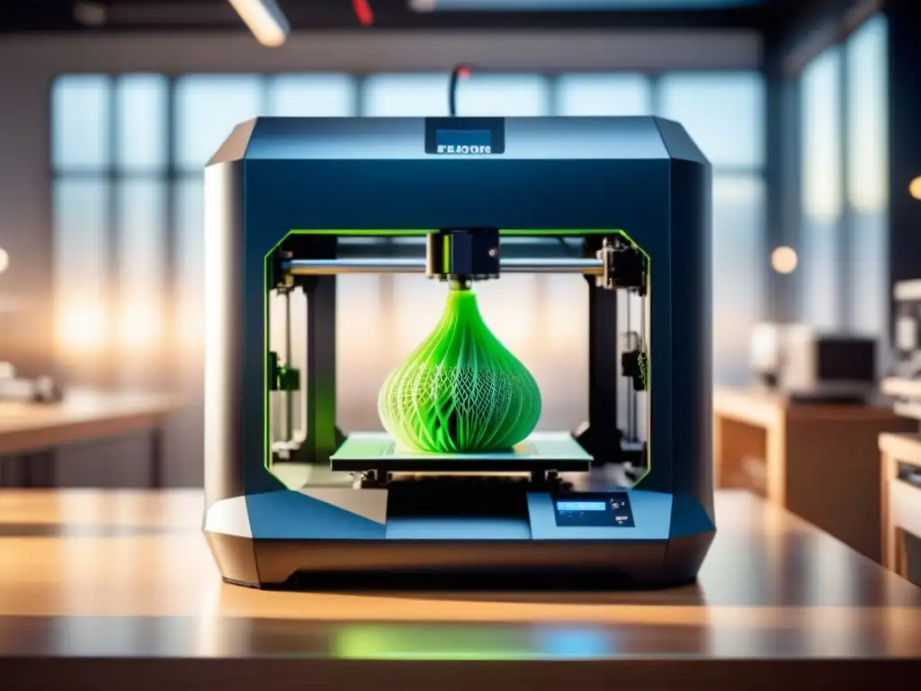 Futurista impresora 3D utilizando materiales biodegradables en tonos verdes y azules