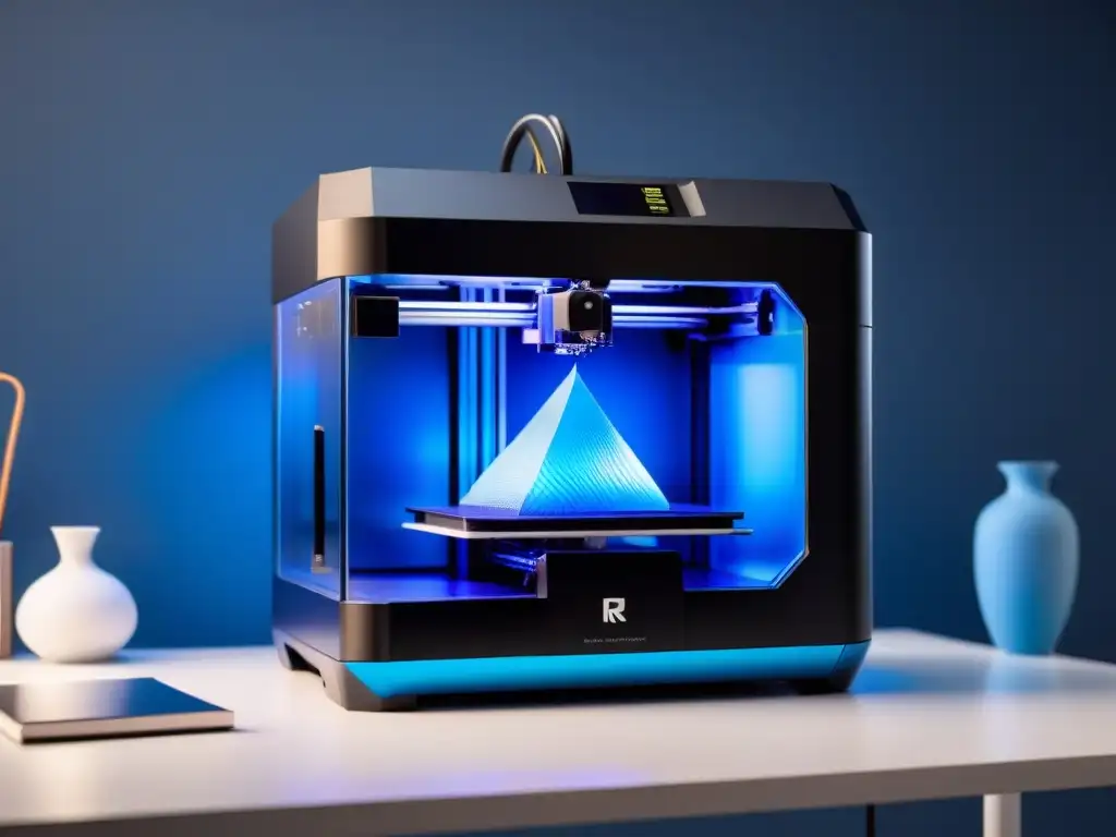 Futurista impresora 3D en negro mate creando diseño azul vibrante