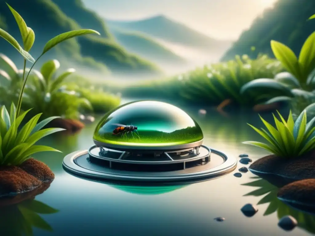 Futurista instalación industrial con nanobots plateados limpiando agua en paisaje verde