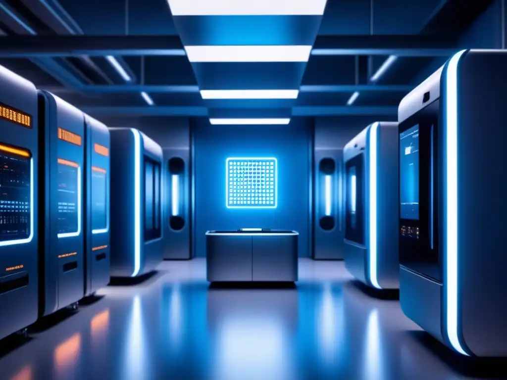 Futurista instalación industrial de nanotecnología y detección de fallas en azul suave