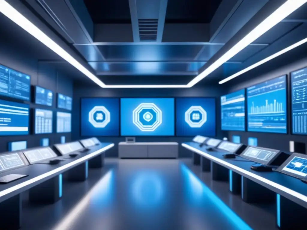 Futurista instalación industrial con soluciones innovadoras en ciberseguridad, expertos monitoreando sistemas de alta tecnología