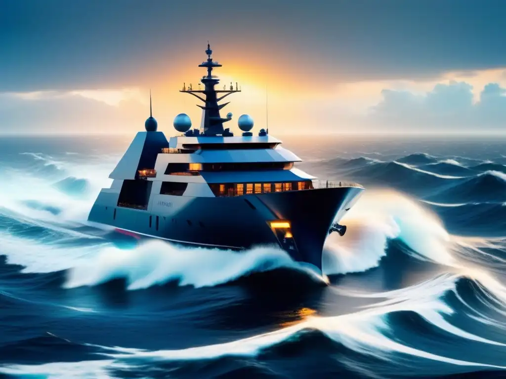 Navegación marítima futurista con inteligencia artificial guiando un barco tecnológico en aguas turbulentas