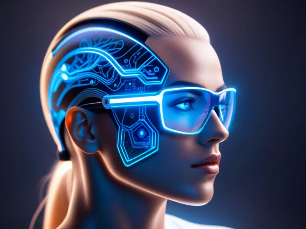 Futurista interfaz neural con luces azules brillantes y patrones de circuitos, sobre fondo oscuro