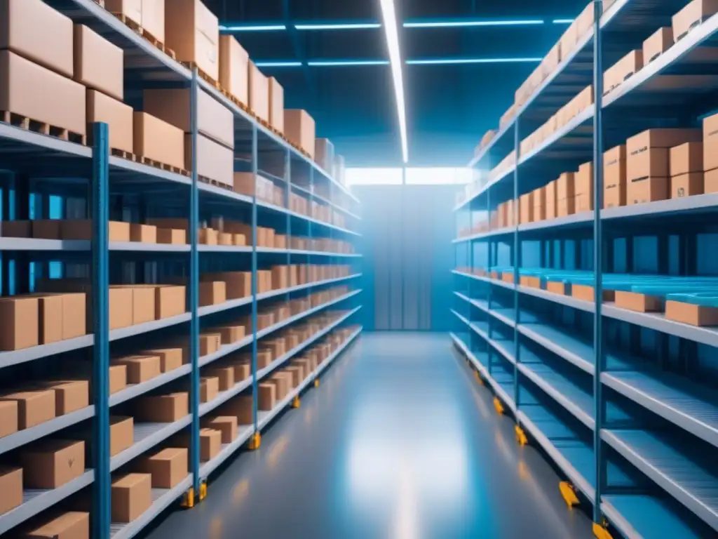 Almacén futurista: robótica y AI en perfecta armonía Almacén futurista con IA optimizando inventario con inteligencia, estantes organizados y brazos robóticos