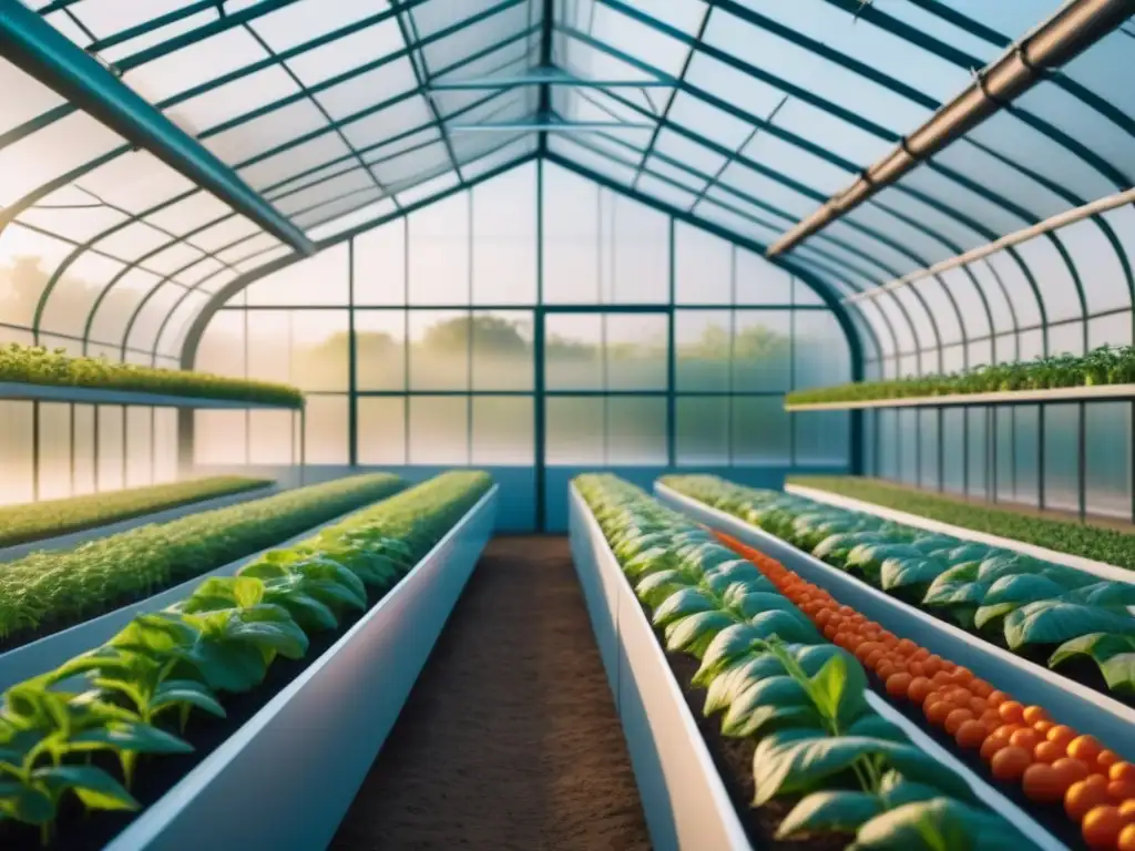 Futurista invernadero con cultivos modificados genéticamente, destacando colores vibrantes y detalles intrincados