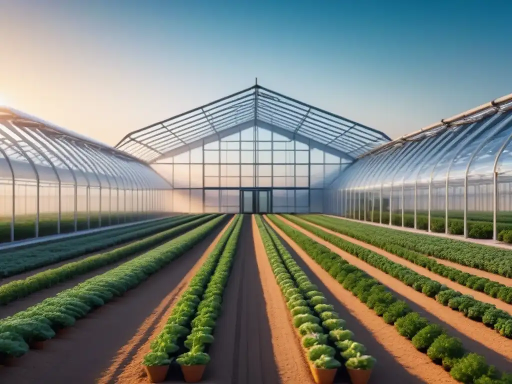 Futurista invernadero en desierto con automatización agricultura zonas áridas