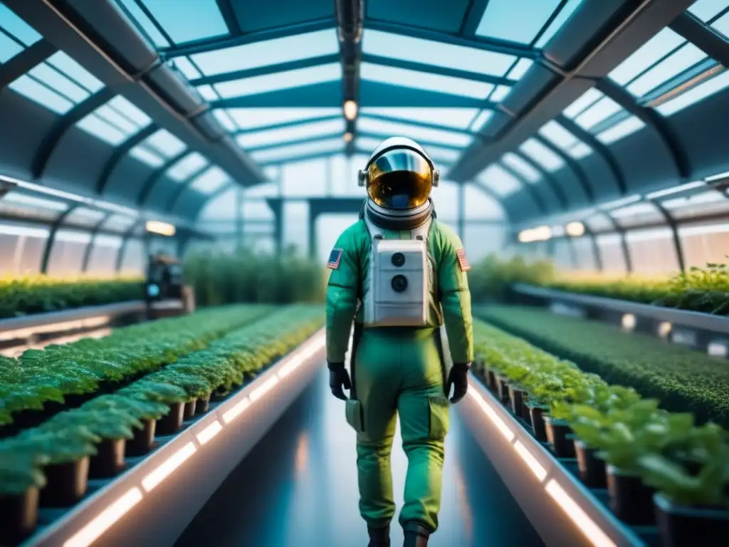 Futurista invernadero espacial con agricultura espacial misiones larga duración