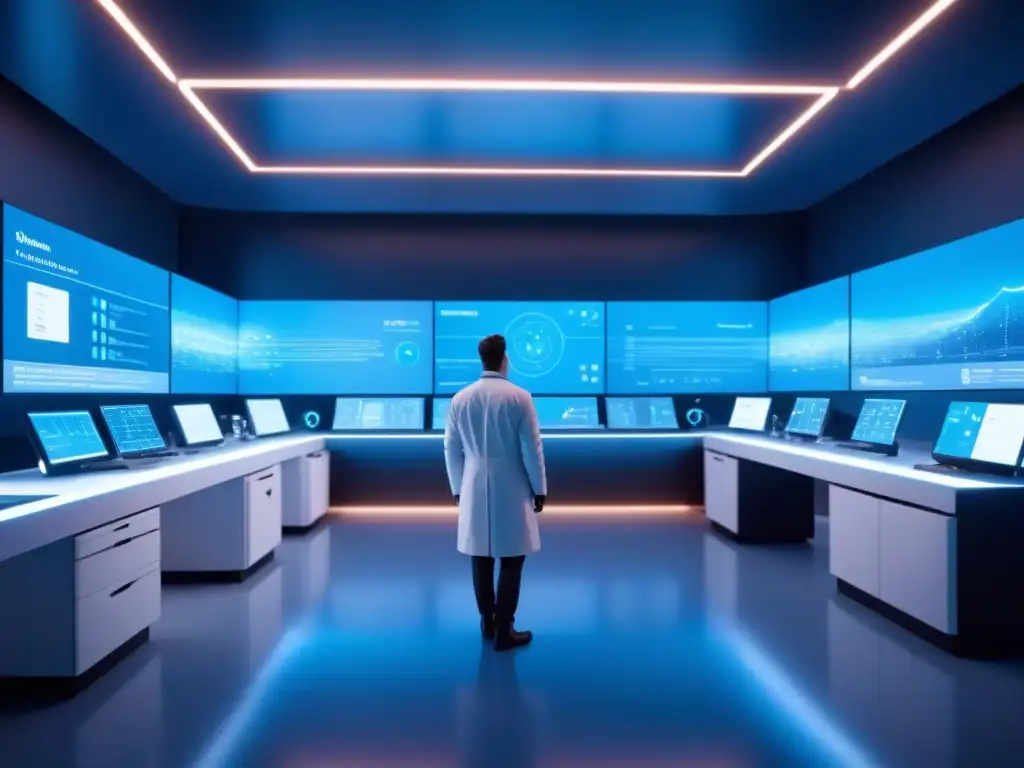 Futurista laboratorio con tecnología avanzada y data visualizaciones, en azul sereno