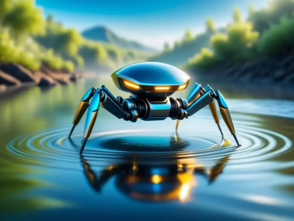 Nanobot futurista limpia río contaminado, reflejando sol en detalles metálicos, rodeado de naturaleza