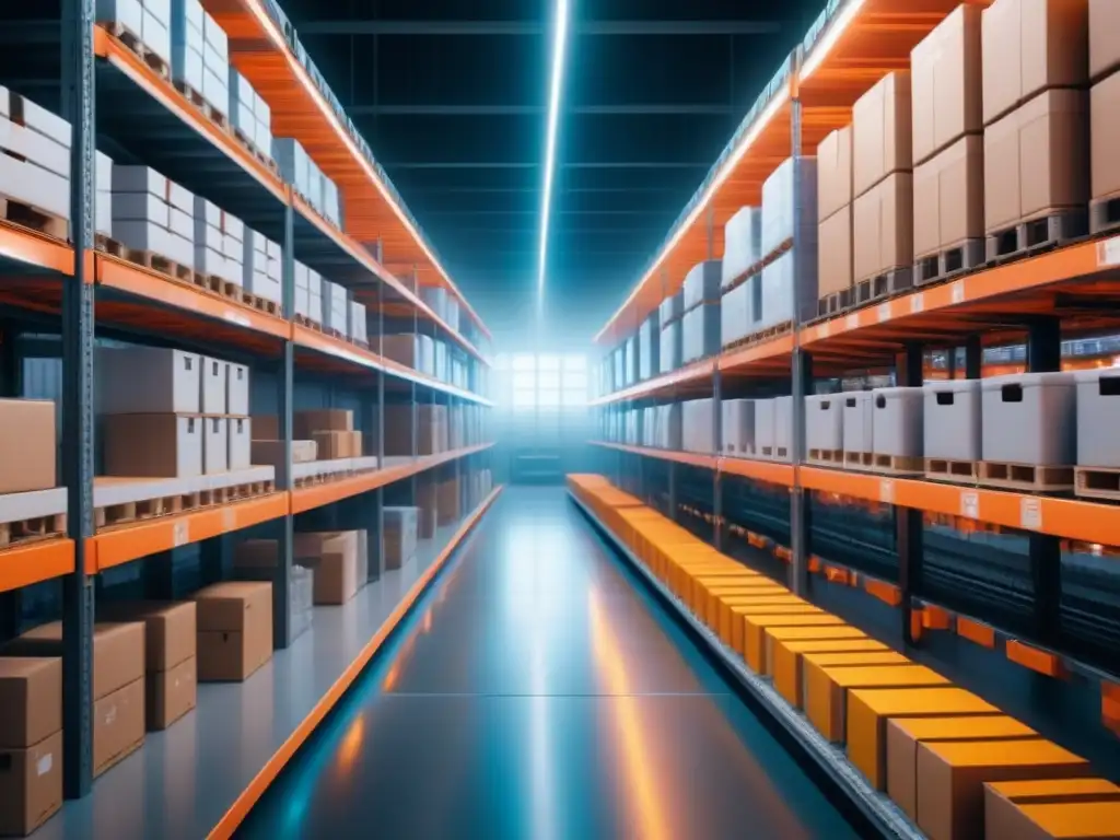 Almacén futurista con robots y productos organizados Almacén futurista con IA en logística global: estanterías organizadas, brazos robóticos y ambiente luminoso