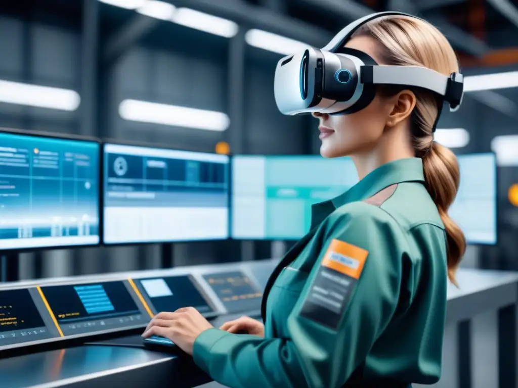 Instalación futurista de mantenimiento industrial con trabajadores usando AR/VR para reparaciones