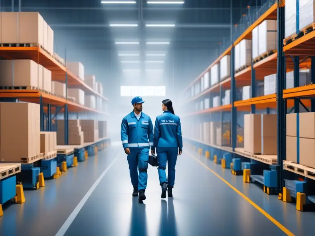 Almacén futurista con mejoras ergonómicas en logística, con estaciones de trabajo ergonómicas y tecnología avanzada