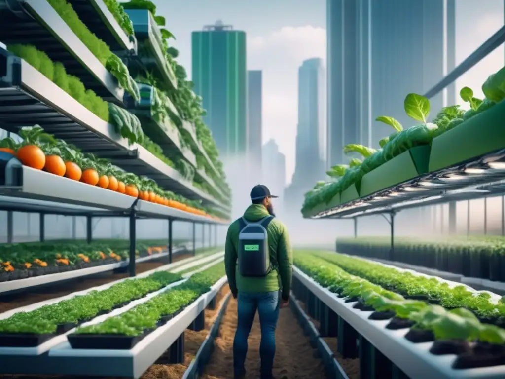 Ilustración futurista y minimalista de la agricultura vertical urbana con tecnología CRISPR en una ciudad innovadora y sostenible