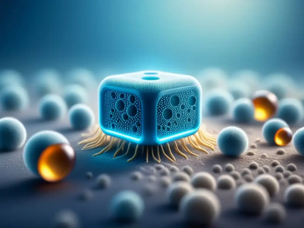 Ilustración futurista de nanorobots y antibióticos combatiendo bacterias