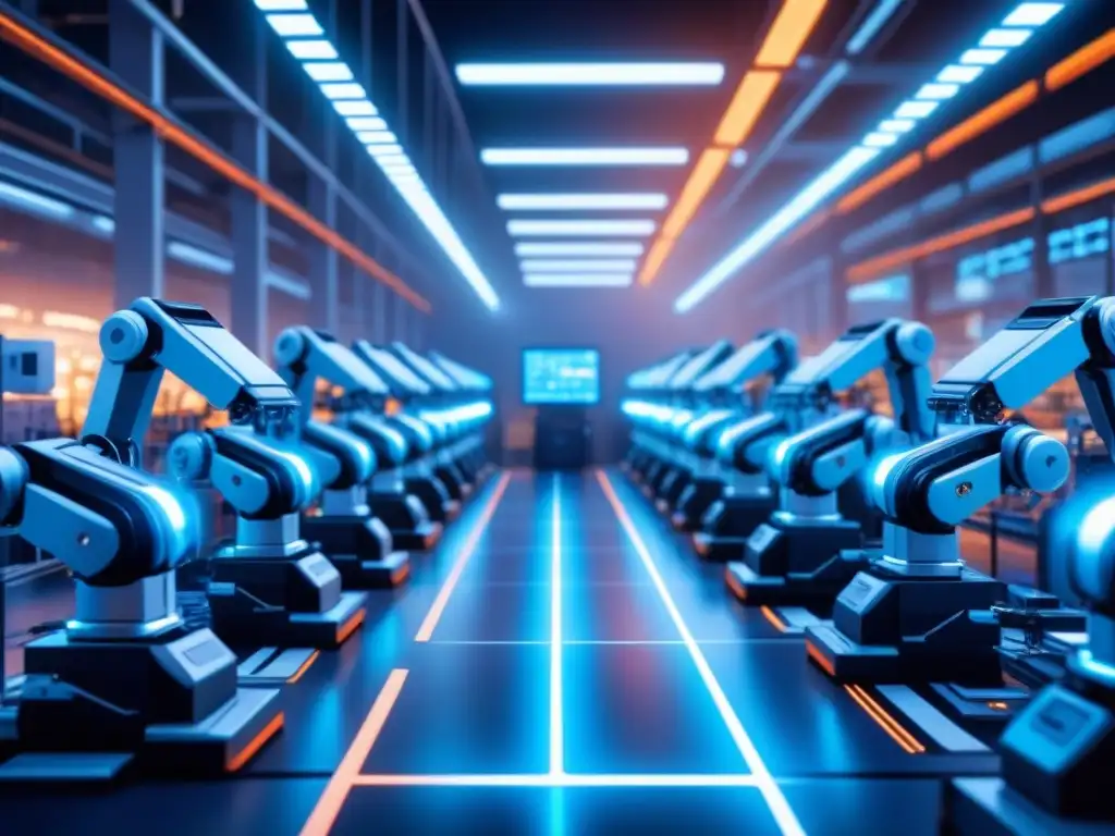 Futurista fábrica con robótica y nodos digitales, destacando la ciberseguridad en integración manufacturera