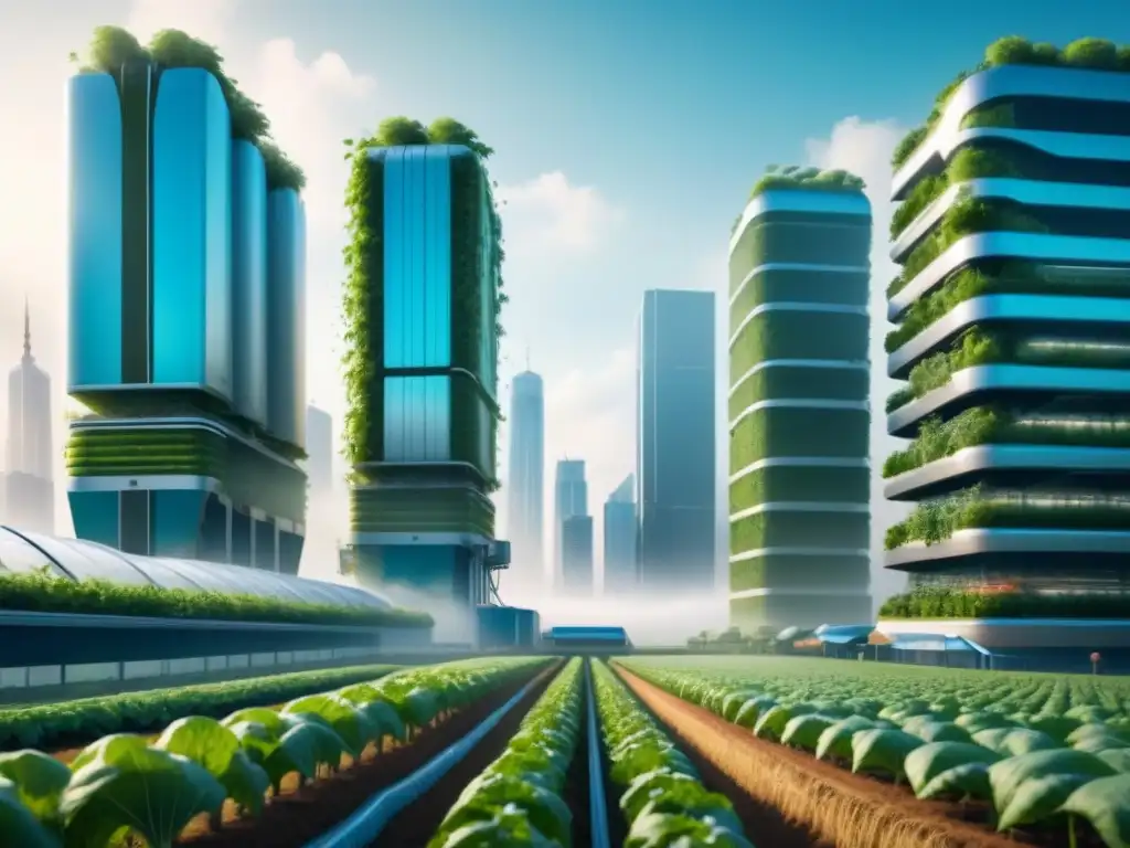 Ilustración futurista de paisaje urbano con agricultura vertical CRISPR en edificios verdes y modernos