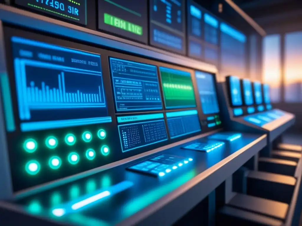 Futurista panel de control en planta manufacturera con ciberseguridad en integración manufacturera