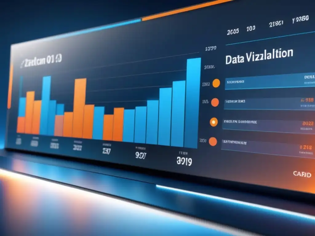 Un futurista panel de visualización de datos en una pantalla grande, con gráficos vibrantes y conectados en azules y naranjas