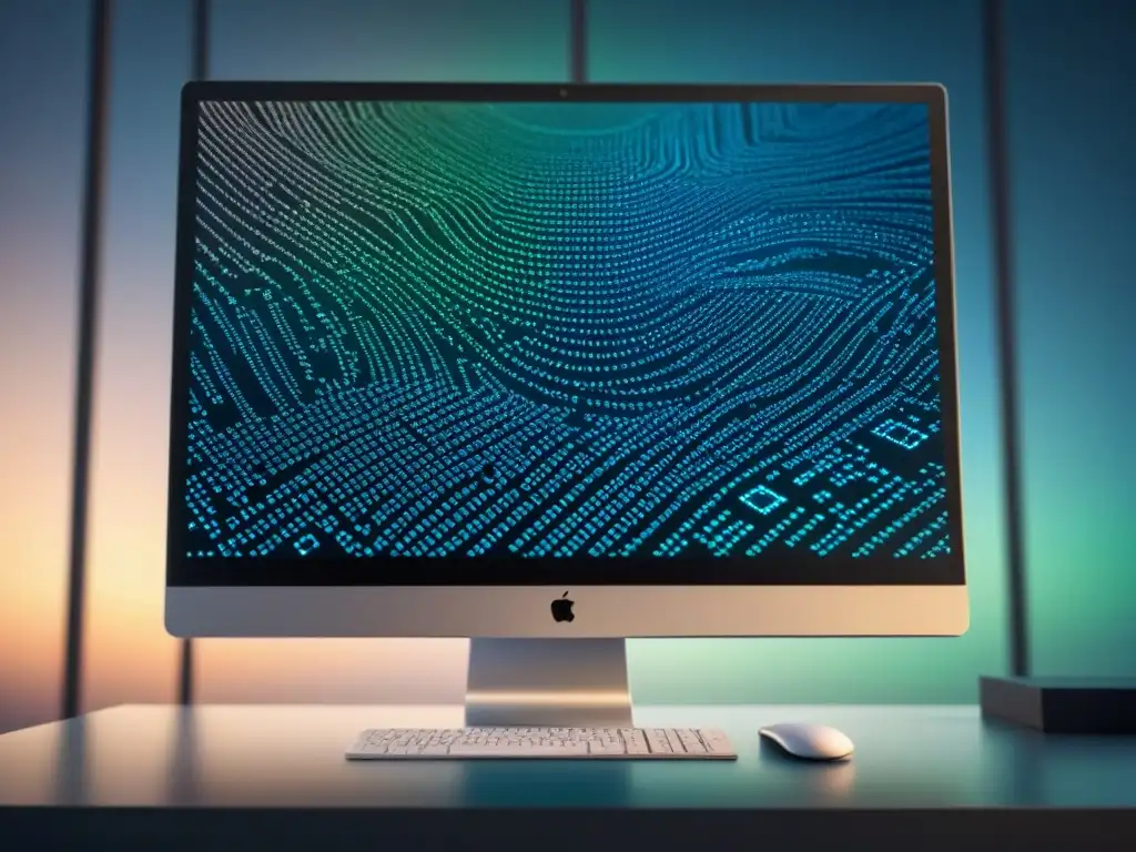Futurista pantalla de ordenador mostrando código y patrones digitales