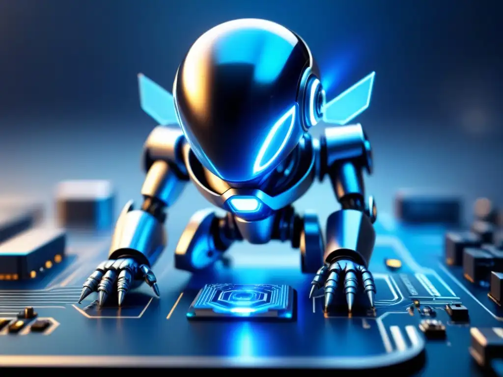 Nanobot futurista escaneando placa de circuito en alta resolución