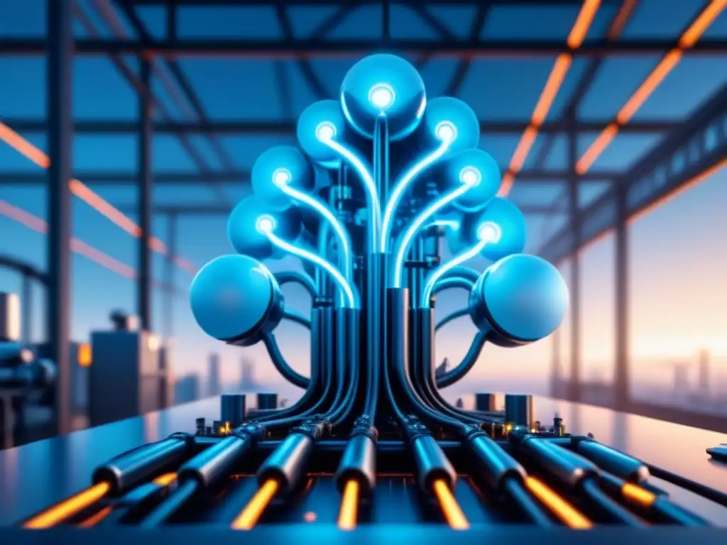 Planta industrial futurista con IoT y robots Futurista planta industrial conectada con dispositivos IoT, emitiendo luz azul