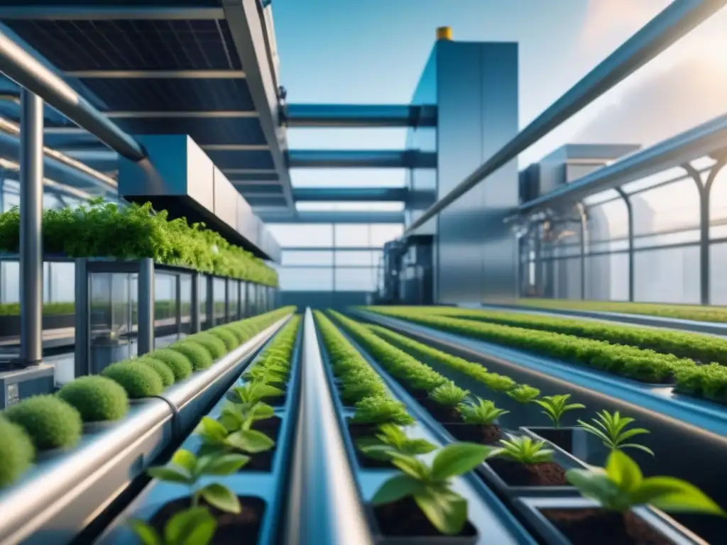 Futurista planta industrial integrando AI en procesos sostenibles: estructuras metálicas y vegetación