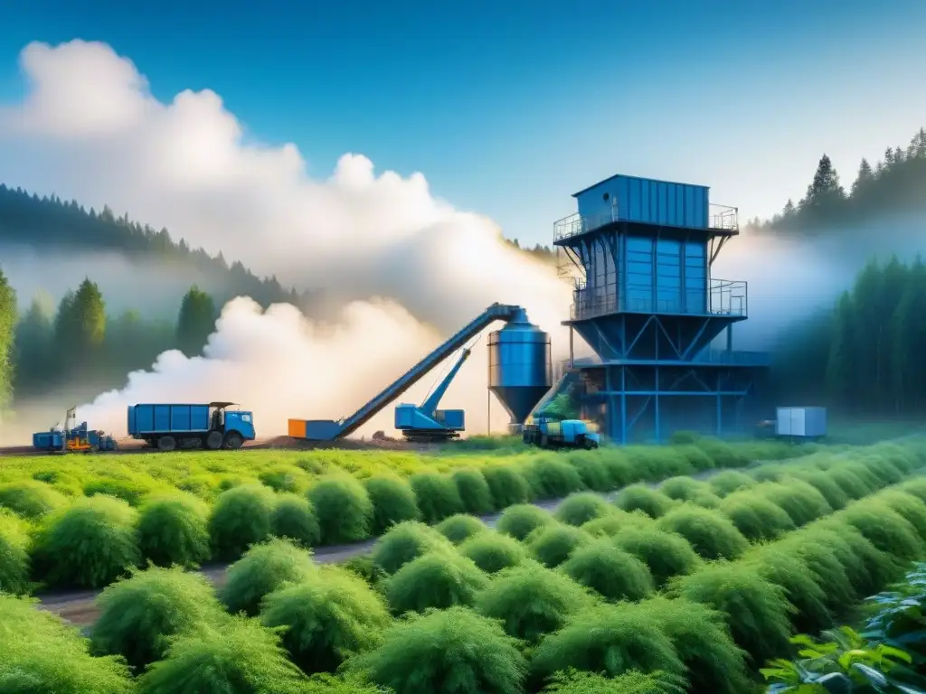 Futurista planta de reciclaje con maquinaria plateada ordenando materiales, en un entorno de bosque verde y cielo azul