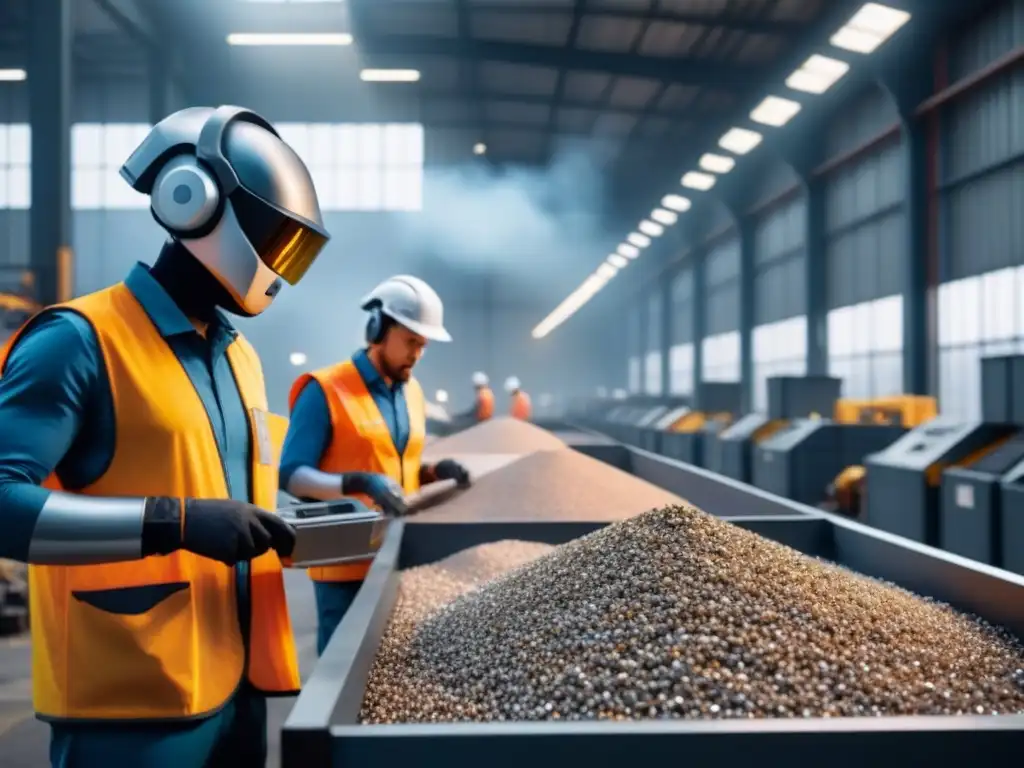 Futurista planta de reciclaje de metales con brazos robóticos y trabajadores supervisando el proceso