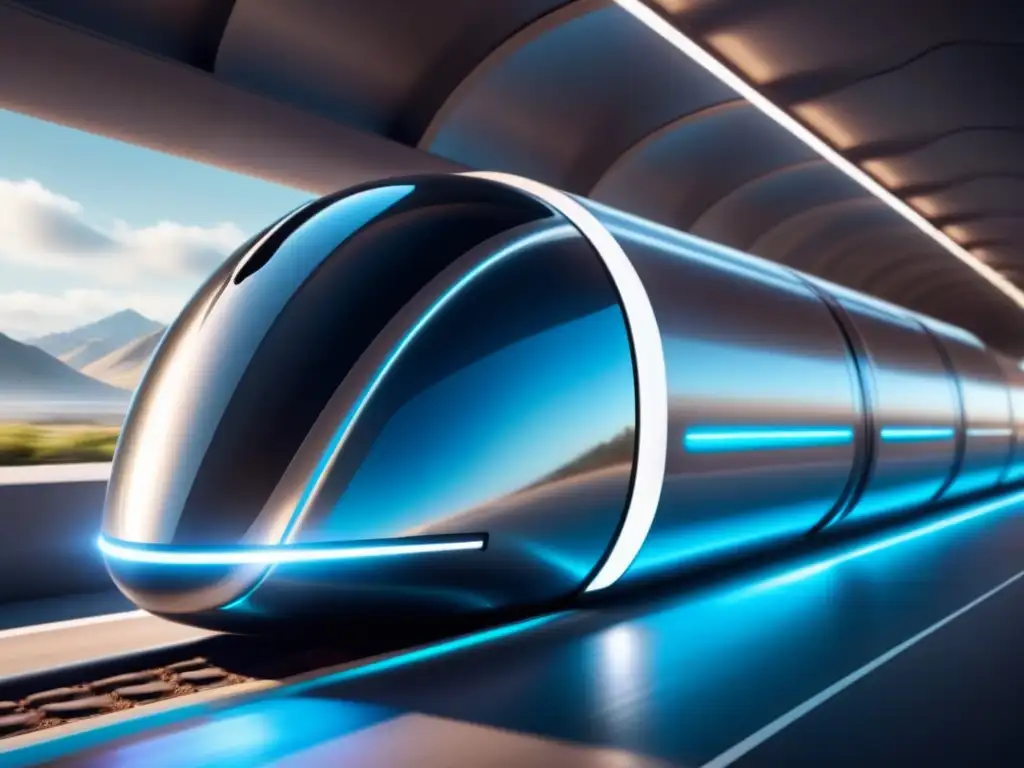 Futurista pod Hyperloop plateado en túnel blanco con diseño de alta velocidad