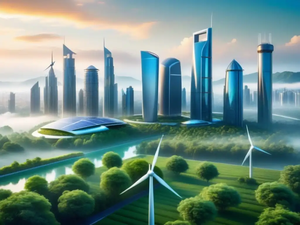 Cityscape futurista con rascacielos de polímeros reciclables alto rendimiento y energías renovables, simbolizando progreso sostenible