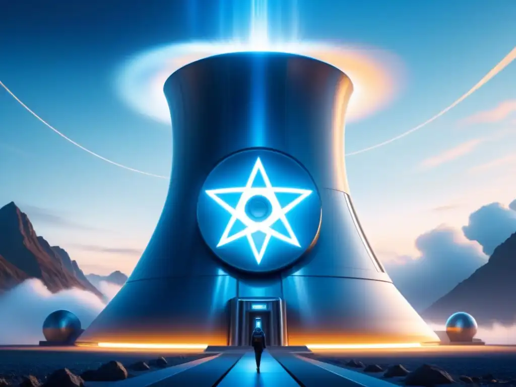 Diseño futurista de reactor nuclear con tecnología de neutrones rápidos en azules y plateados