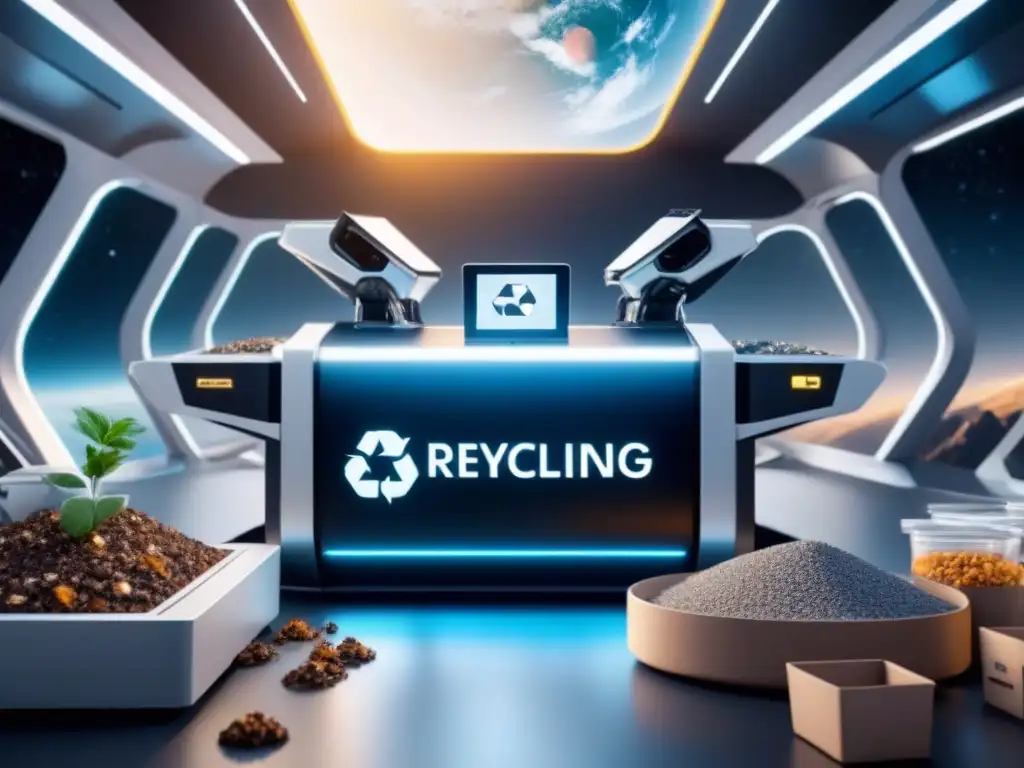 Futurista estación de reciclaje en el espacio con robots clasificando materiales, destacando la Gestión de residuos en estaciones espaciales