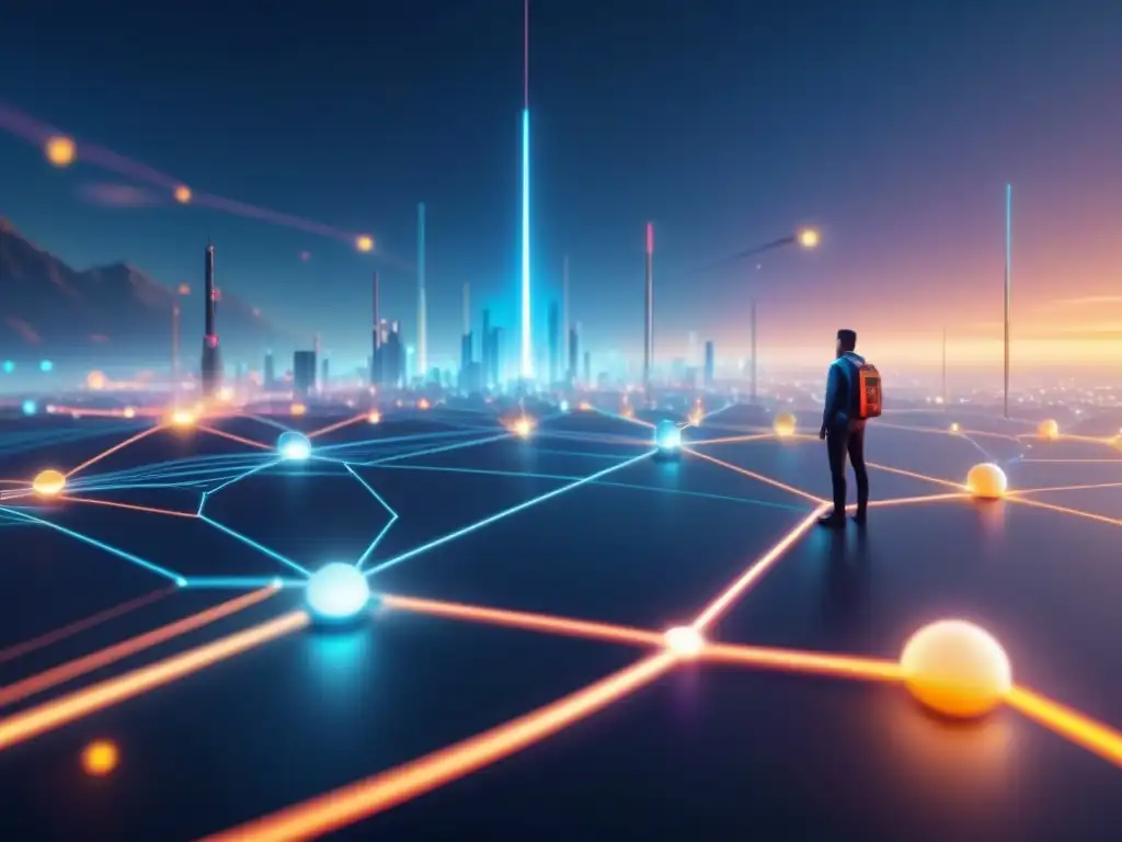 Futurista red interconectada de nodos luminosos en paisaje digital oscuro, simbolizando integración de sistemas con precisión y eficiencia