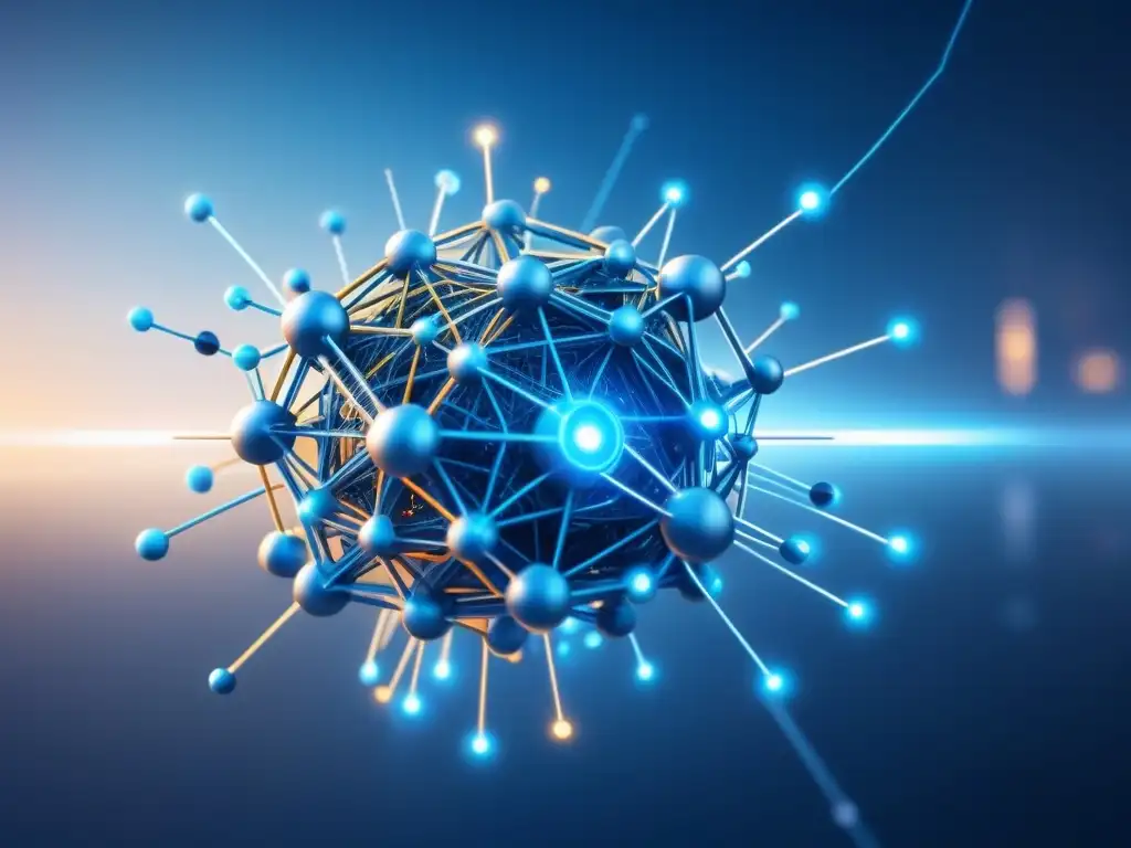 Futurista red de líneas y nodos, evocando tecnología avanzada y seguridad en redes de telecomunicaciones