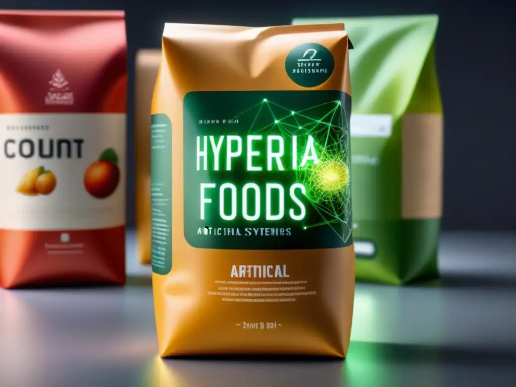 Futurista red de líneas y nodos brillantes sobre envase de alimentos frescos sellado, representando la inteligencia artificial en empaquetado