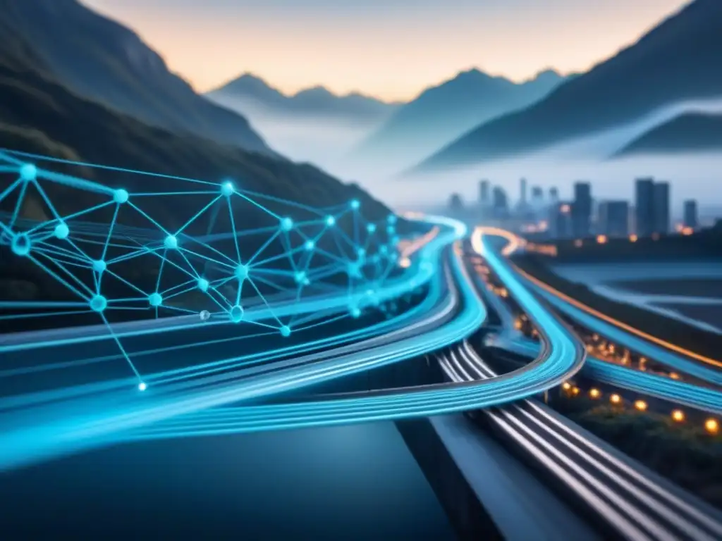 Futurista red de maquinaria industrial conectada con visualización de datos en empresas industriales