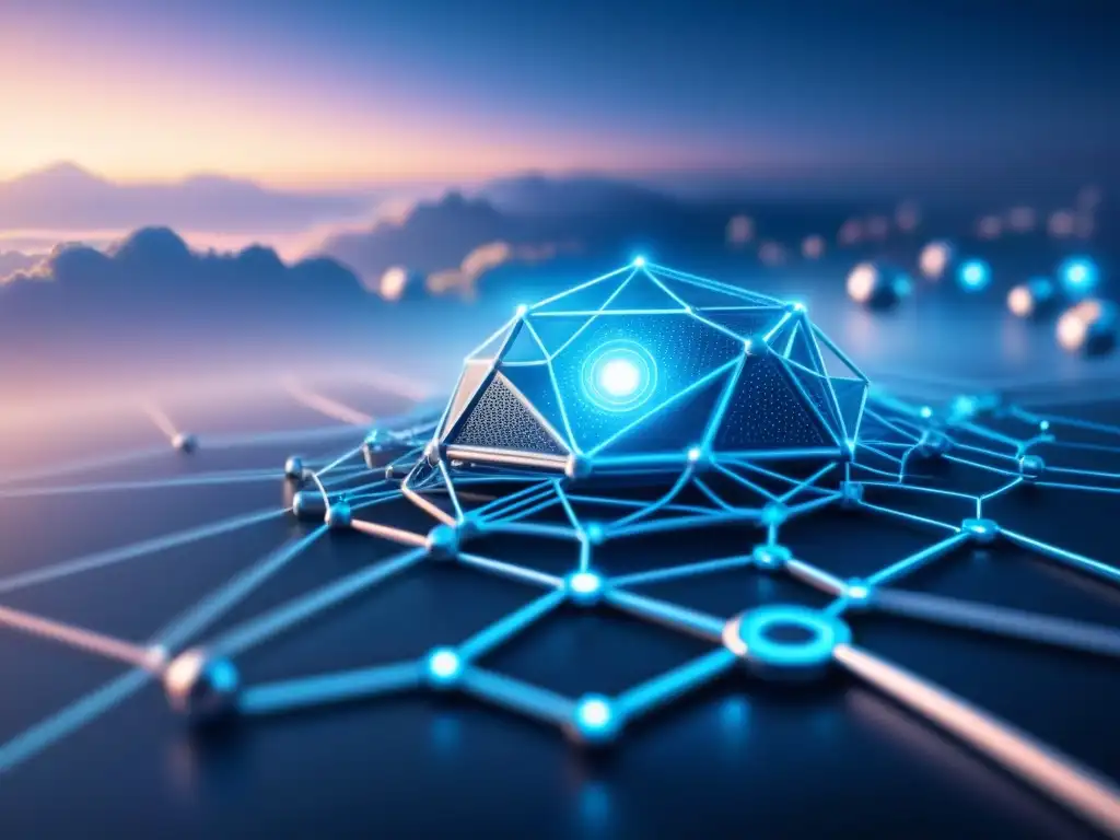 Futurista red de nodos interconectados en un ambiente digital de alta tecnología, simbolizando la ciberseguridad en redes de telecomunicaciones