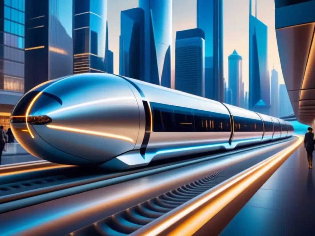 Futurista red de tubos Hyperloop plateados en una ciudad vibrante, con pods de alta velocidad desafiando la gravedad