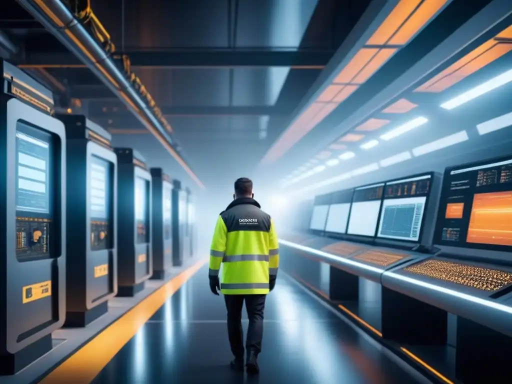 Una ilustración futurista de alta resolución de una instalación industrial con tecnologías avanzadas de detección de fallas integradas