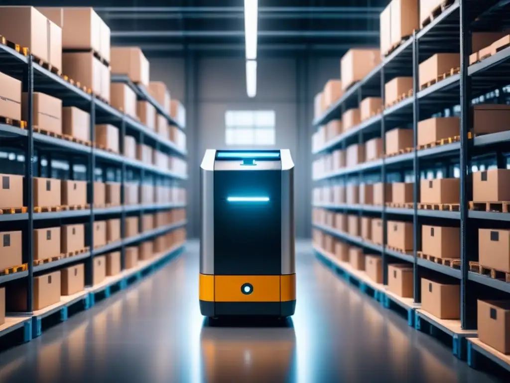 Almacén futurista con robots autónomos en cadena de suministro