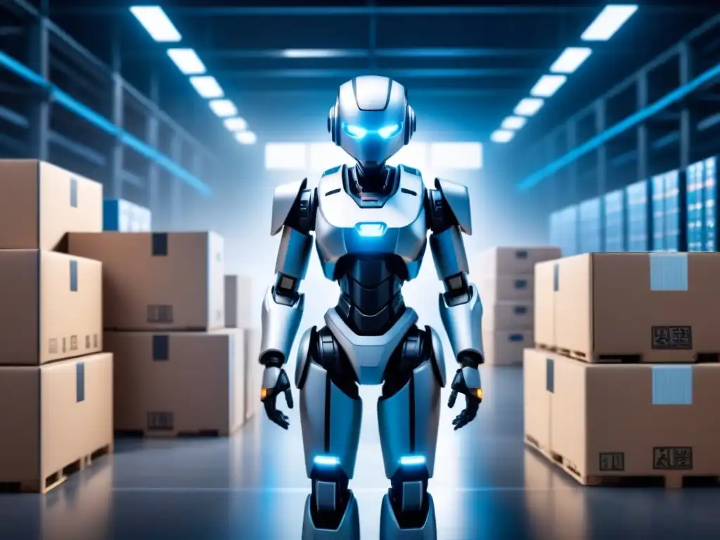 Almacén futurista: robots AI en acción Almacén futurista con robots en perfecta sincronización, iluminado en azul