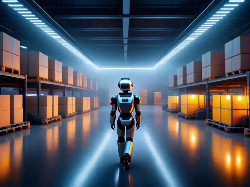 Almacén futurista con robots IA gestionando la logística, anticipando riesgos y optimizando procesos