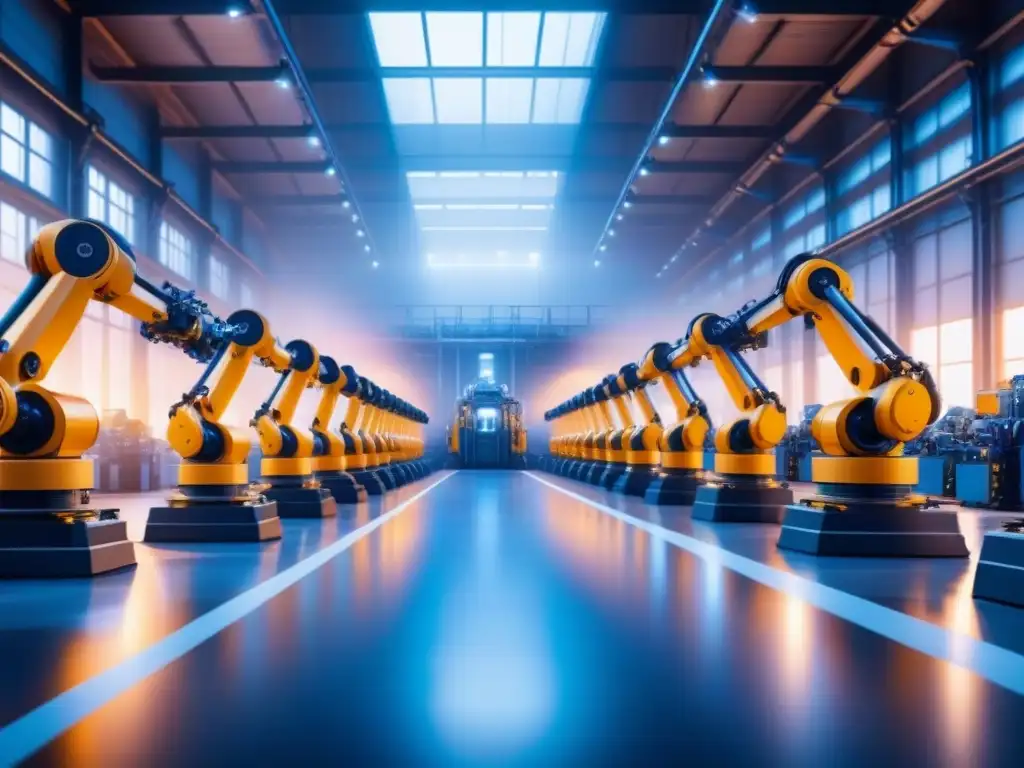 Escena futurista: fábrica industrial 8k con robots y dispositivos IoT Fábrica futurista con robots ensamblando maquinaria, iluminada por dispositivos IoT
