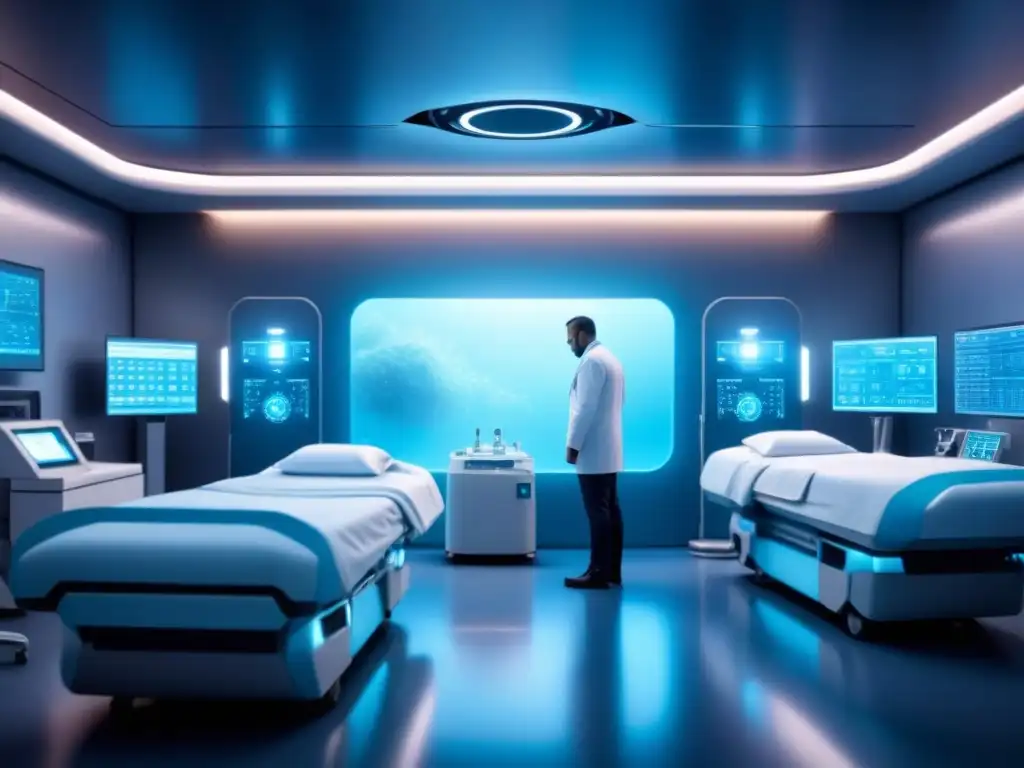 Futurista sala hospitalaria con nanorobots reparando células, en luz azul