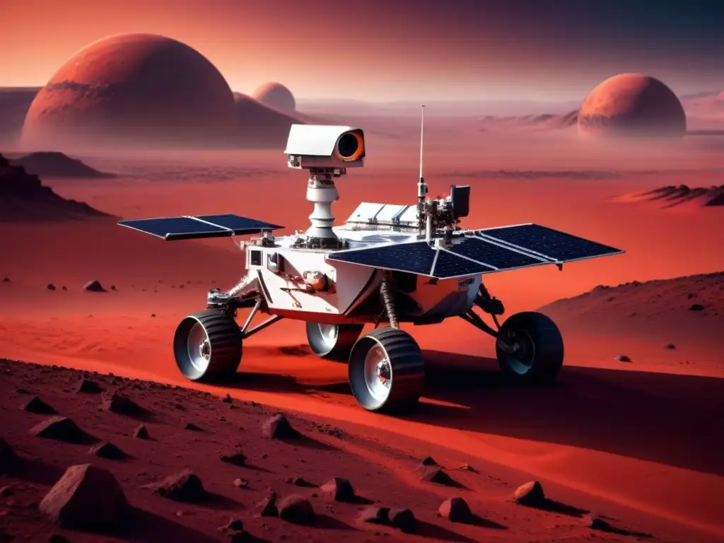 Explorando Marte: rover futurista y satélites en órbita, simbolizando la comunicación a larga distancia en Marte