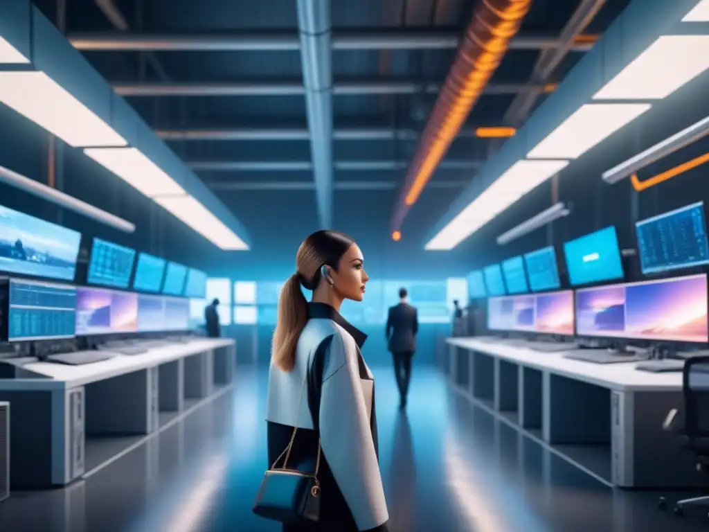 Un futurista y seguro complejo industrial en plena actividad, fusionando tecnología y trabajo humano
