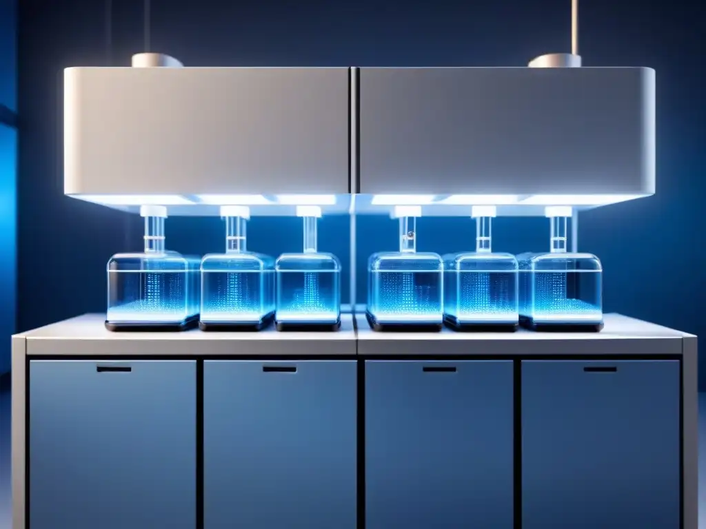 Futurista sistema de purificación de agua con organismos sintéticos en laboratorio estéril iluminado por luces azules brillantes